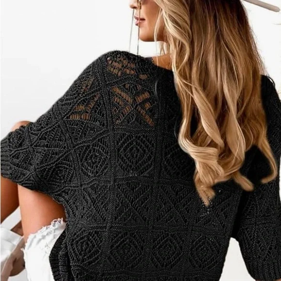 DOKOTOO Crochet Hollow Out 3/4 Sleeve Pullover Off Shoulder Sweater XXL - Picture 3 of 11